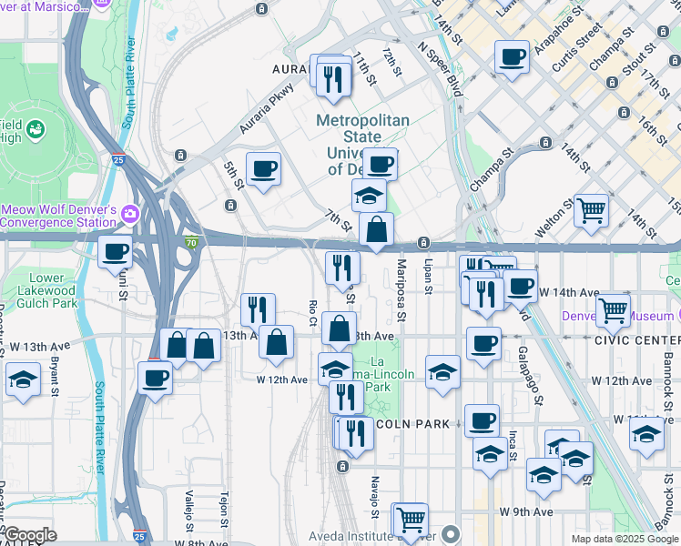 map of restaurants, bars, coffee shops, grocery stores, and more near 1493 Osage Street in Denver