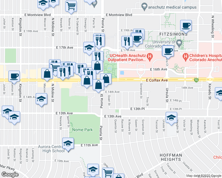 map of restaurants, bars, coffee shops, grocery stores, and more near 12230 East Colfax Avenue in Aurora