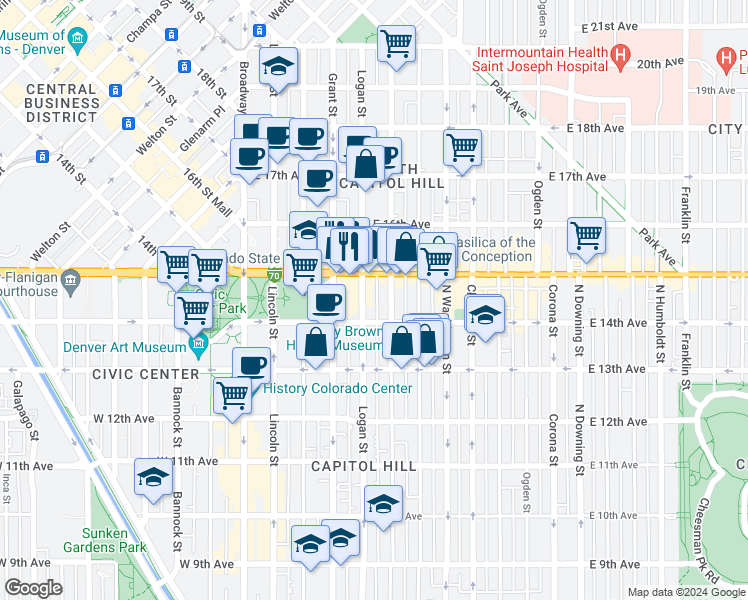 map of restaurants, bars, coffee shops, grocery stores, and more near 1420 Logan Street in Denver
