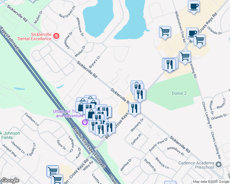 map of restaurants, bars, coffee shops, grocery stores, and more near Sicklerville Road & Farmhouse Road in Gloucester Township