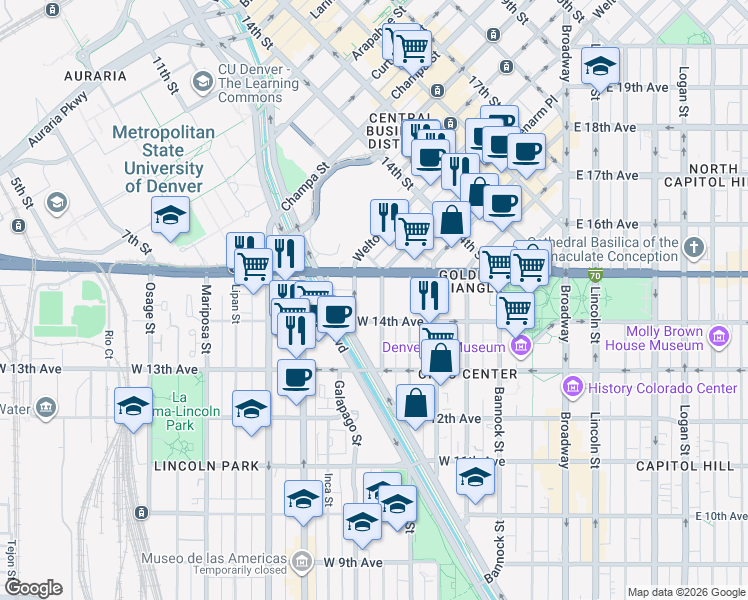 map of restaurants, bars, coffee shops, grocery stores, and more near 620 West Colfax Avenue in Denver
