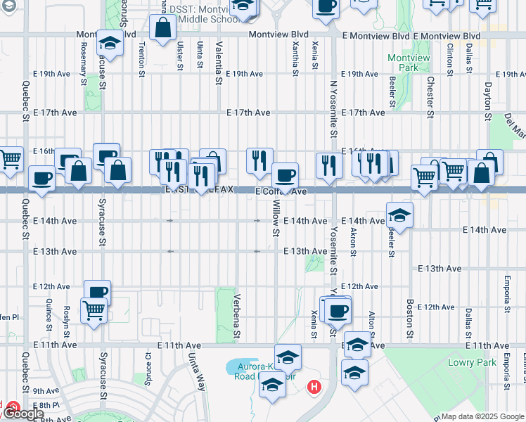 map of restaurants, bars, coffee shops, grocery stores, and more near 1408 Wabash Street in Denver