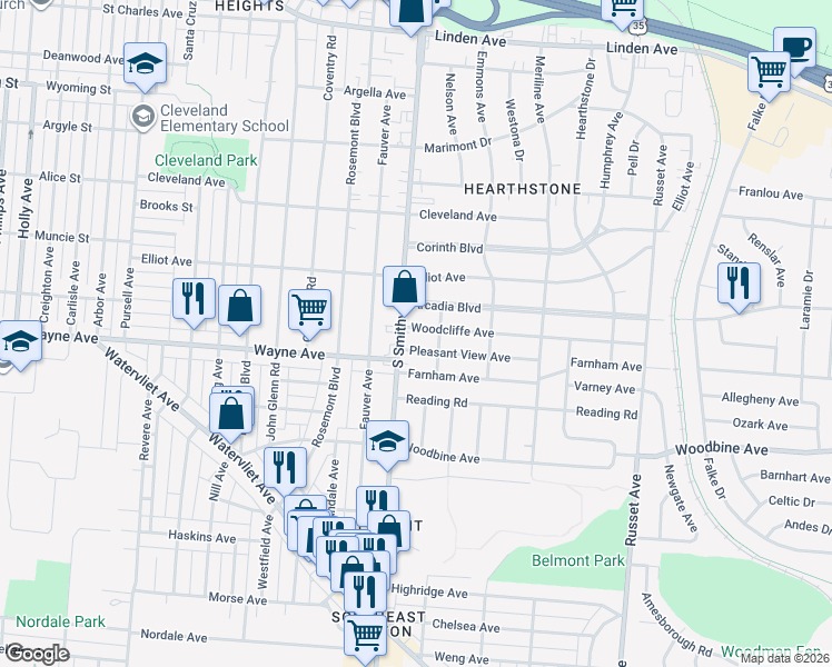 map of restaurants, bars, coffee shops, grocery stores, and more near 4021 Woodcliffe Avenue in Dayton
