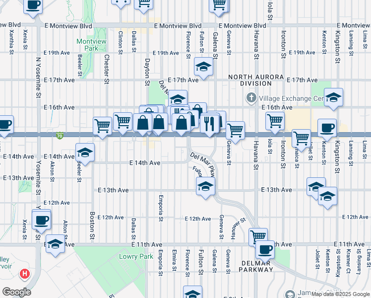 map of restaurants, bars, coffee shops, grocery stores, and more near 1472 Elmira Street in Aurora