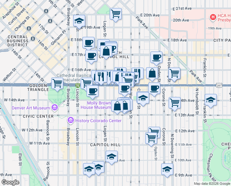map of restaurants, bars, coffee shops, grocery stores, and more near in Denver