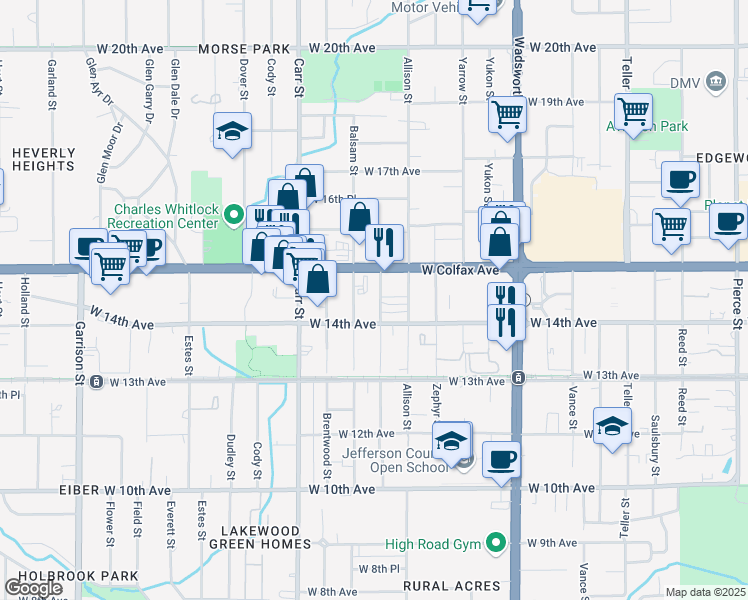 map of restaurants, bars, coffee shops, grocery stores, and more near 1480 Ammons Street in Lakewood