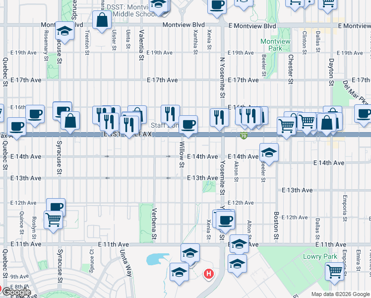 map of restaurants, bars, coffee shops, grocery stores, and more near 1437 Xanthia Street in Denver