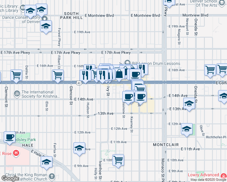 map of restaurants, bars, coffee shops, grocery stores, and more near 1435 Jersey Street in Denver