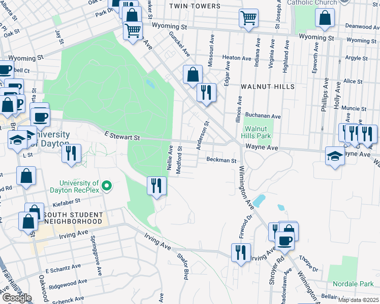 map of restaurants, bars, coffee shops, grocery stores, and more near 521 Beckman Street in Dayton