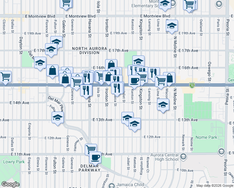 map of restaurants, bars, coffee shops, grocery stores, and more near 1446 Jamaica Street in Aurora