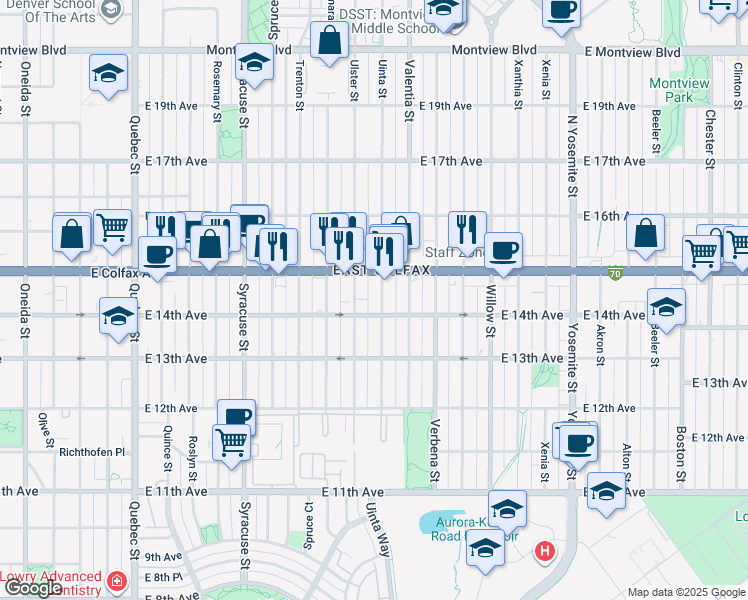 map of restaurants, bars, coffee shops, grocery stores, and more near 1435 Uinta Street in Denver