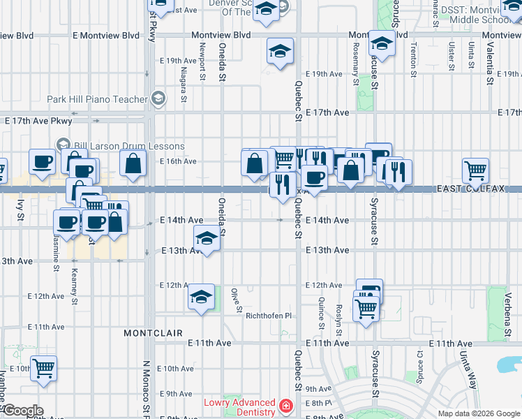 map of restaurants, bars, coffee shops, grocery stores, and more near in Denver