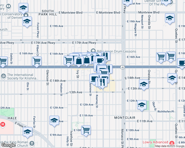 map of restaurants, bars, coffee shops, grocery stores, and more near 1459 Kearney Street in Denver