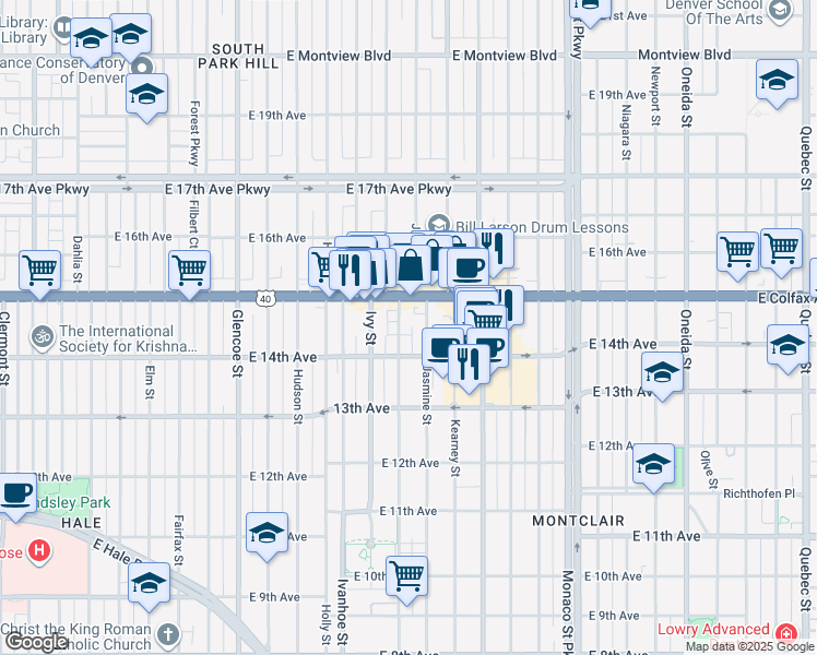 map of restaurants, bars, coffee shops, grocery stores, and more near 1454 Jersey Street in Denver