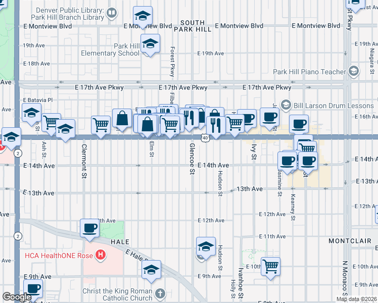 map of restaurants, bars, coffee shops, grocery stores, and more near 1468 Forest Street in Denver