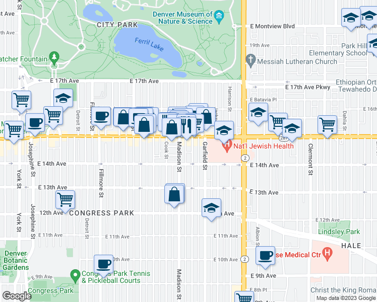 map of restaurants, bars, coffee shops, grocery stores, and more near in Denver