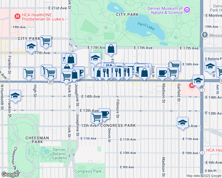 map of restaurants, bars, coffee shops, grocery stores, and more near in Denver