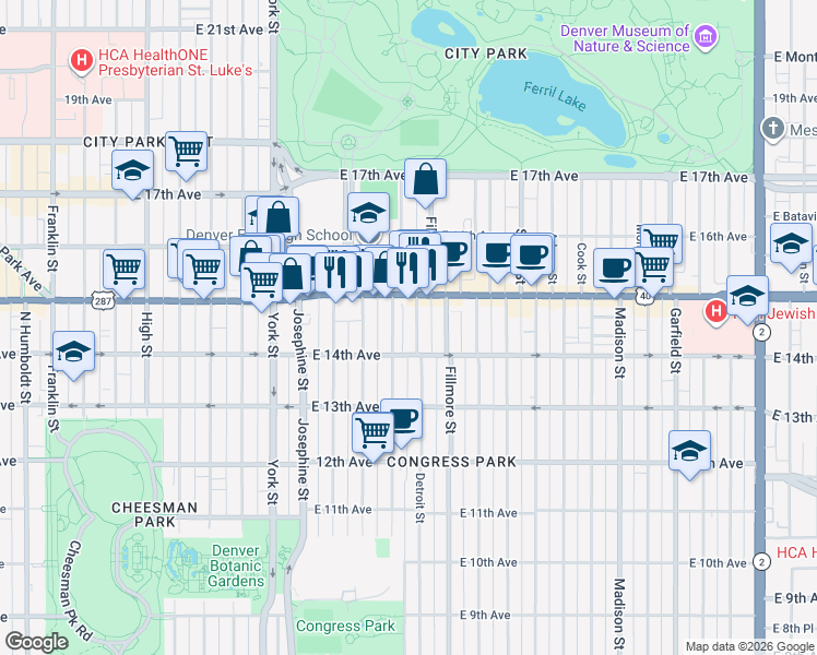 map of restaurants, bars, coffee shops, grocery stores, and more near 1445 Detroit Street in Denver