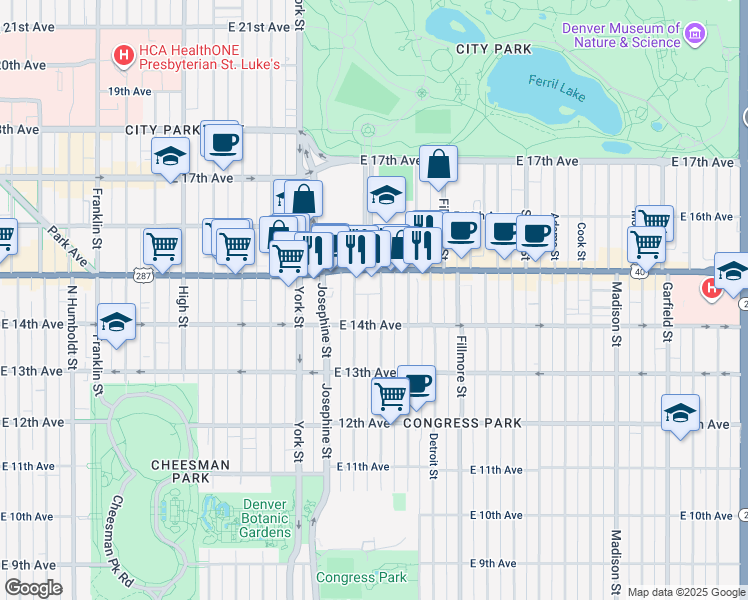 map of restaurants, bars, coffee shops, grocery stores, and more near 2526 East Colfax Avenue in Denver