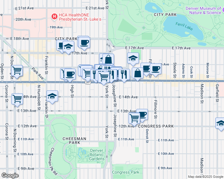 map of restaurants, bars, coffee shops, grocery stores, and more near 2310 East Colfax Avenue in Denver