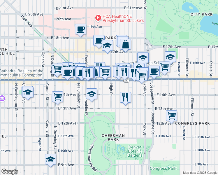 map of restaurants, bars, coffee shops, grocery stores, and more near in Denver