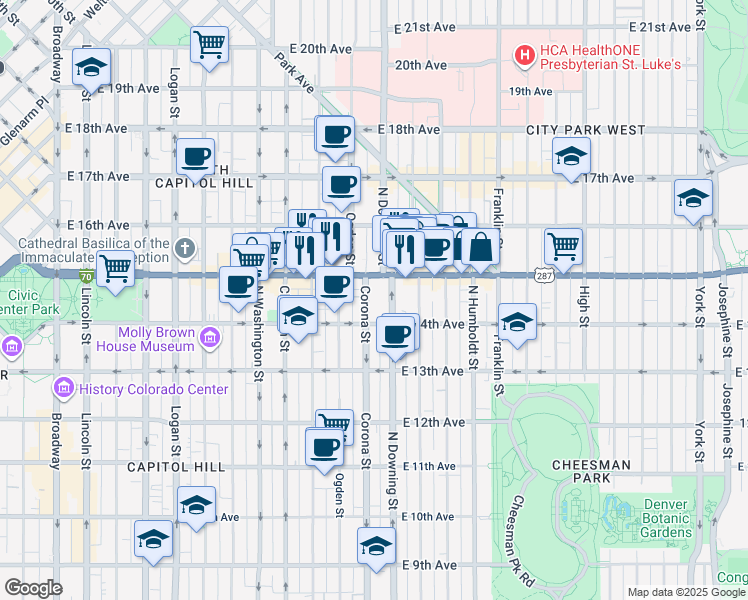 map of restaurants, bars, coffee shops, grocery stores, and more near 1457 Corona Street in Denver