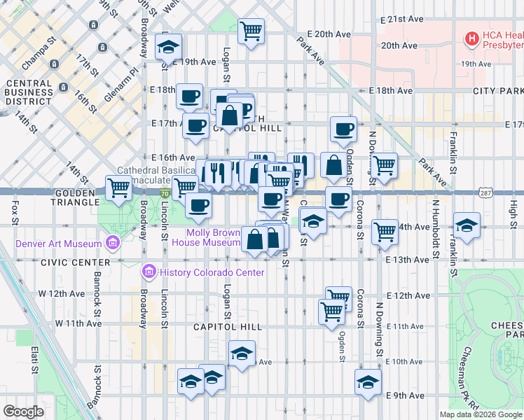 map of restaurants, bars, coffee shops, grocery stores, and more near in Denver