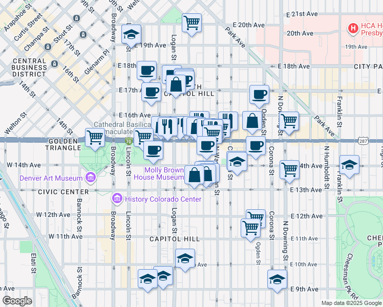 map of restaurants, bars, coffee shops, grocery stores, and more near in Denver