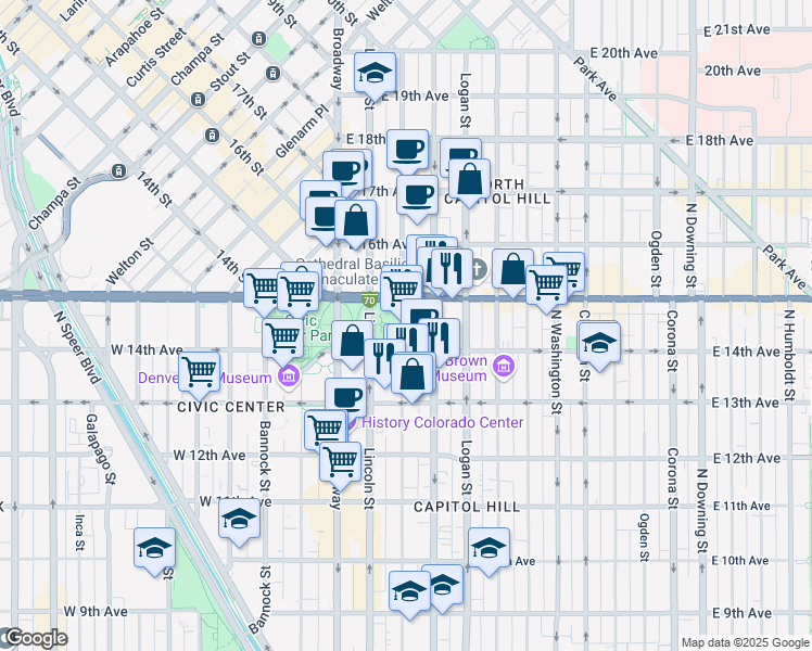 map of restaurants, bars, coffee shops, grocery stores, and more near 200 East Colfax Avenue in Denver