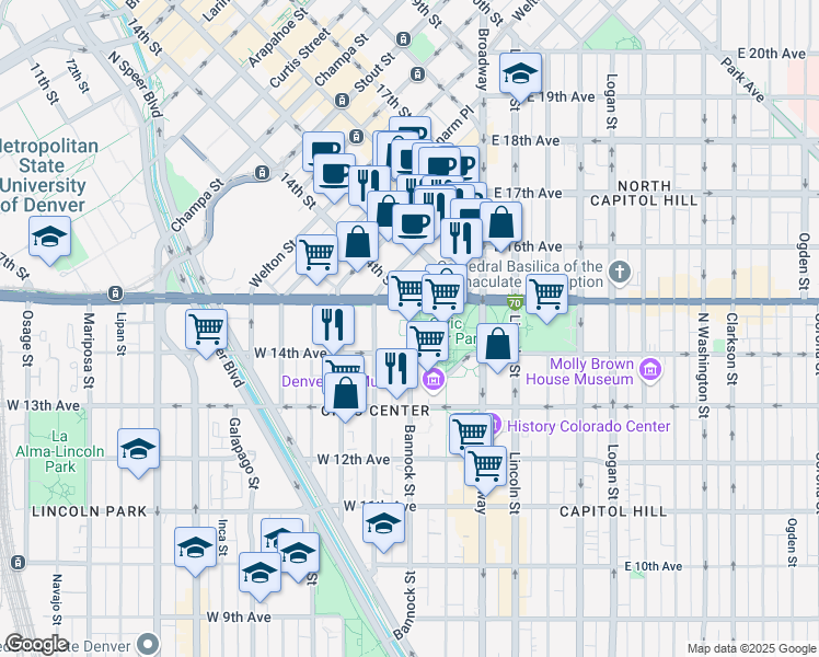 map of restaurants, bars, coffee shops, grocery stores, and more near in Denver