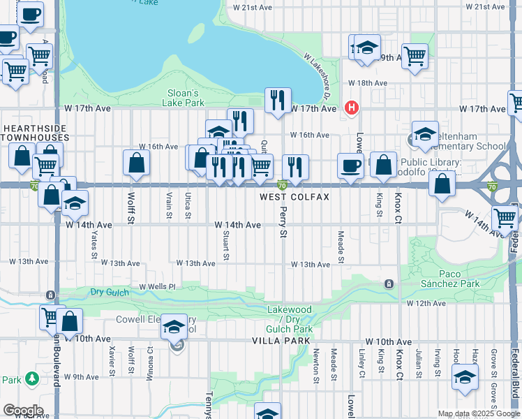 map of restaurants, bars, coffee shops, grocery stores, and more near 1464 Quitman Street in Denver