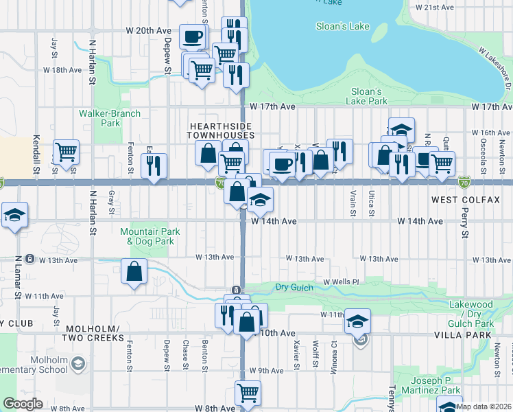 map of restaurants, bars, coffee shops, grocery stores, and more near 1453 Zenobia Street in Denver
