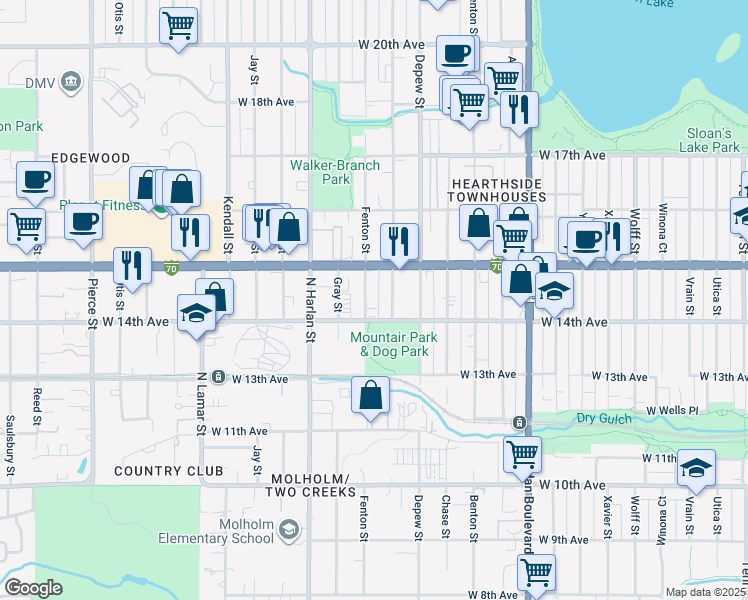 map of restaurants, bars, coffee shops, grocery stores, and more near 1460 Fenton Street in Lakewood