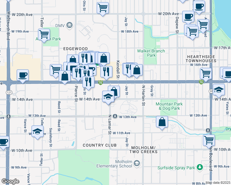 map of restaurants, bars, coffee shops, grocery stores, and more near 1450 Kendall Street in Denver