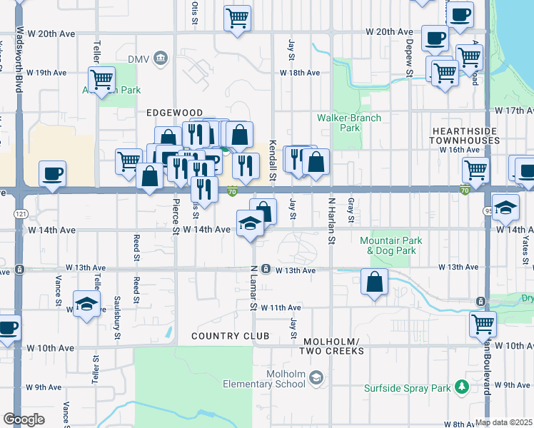 map of restaurants, bars, coffee shops, grocery stores, and more near 1450 Lamar Street in Lakewood