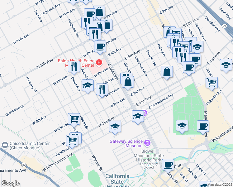map of restaurants, bars, coffee shops, grocery stores, and more near 123 West 3rd Avenue in Chico