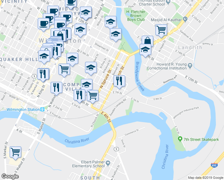 map of restaurants, bars, coffee shops, grocery stores, and more near 721 East 7th Street in Wilmington