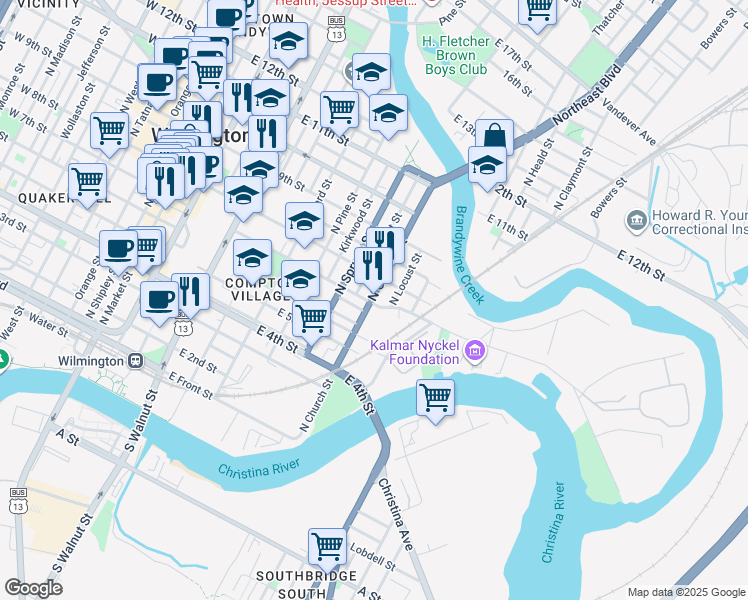 map of restaurants, bars, coffee shops, grocery stores, and more near 721 East 7th Street in Wilmington