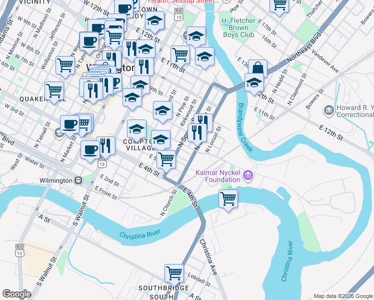 map of restaurants, bars, coffee shops, grocery stores, and more near 721 East 7th Street in Wilmington