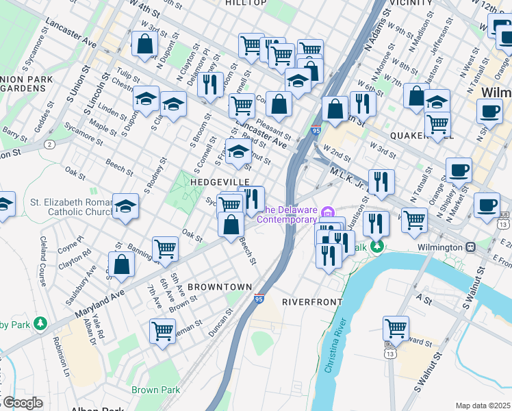 map of restaurants, bars, coffee shops, grocery stores, and more near 407 South Jackson Street in Wilmington