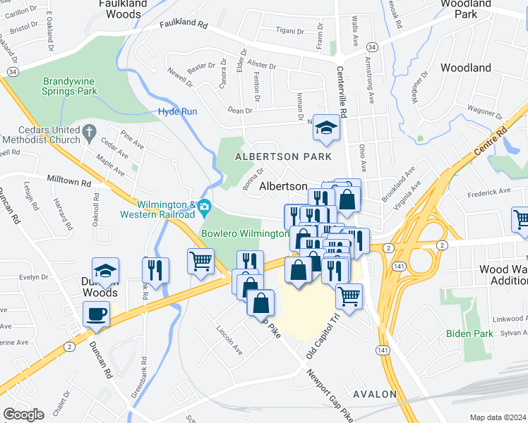 map of restaurants, bars, coffee shops, grocery stores, and more near in New Castle County