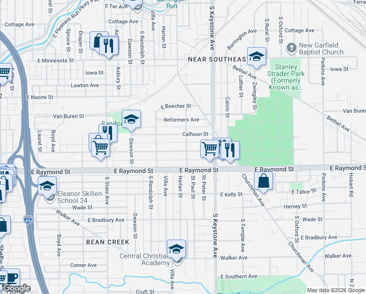 map of restaurants, bars, coffee shops, grocery stores, and more near 2053 Calhoun Street in Indianapolis