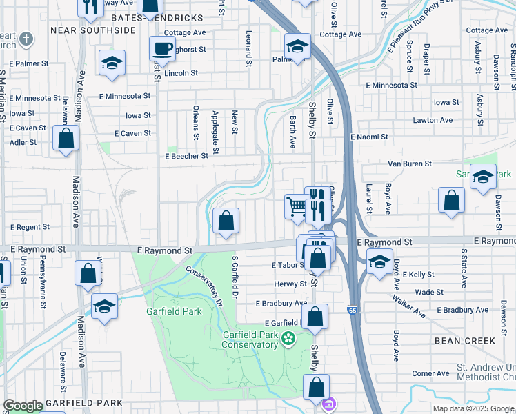 map of restaurants, bars, coffee shops, grocery stores, and more near 2104 Napoleon Street in Indianapolis