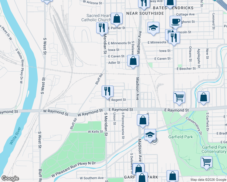 map of restaurants, bars, coffee shops, grocery stores, and more near 11 Schiller Street in Indianapolis