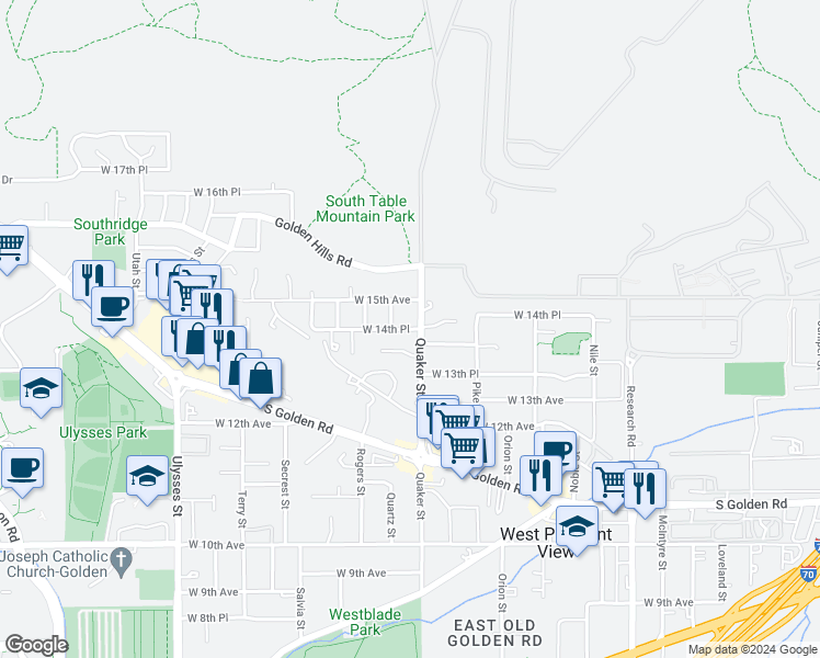 map of restaurants, bars, coffee shops, grocery stores, and more near 16435 West 14th Place in Golden