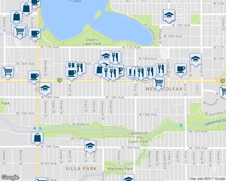 map of restaurants, bars, coffee shops, grocery stores, and more near 1436 Stuart Street in Denver