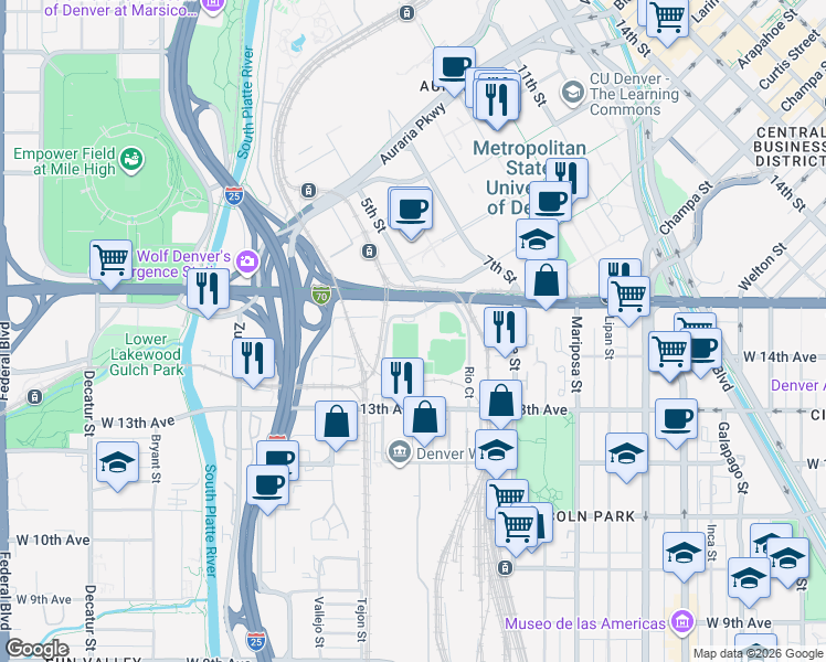 map of restaurants, bars, coffee shops, grocery stores, and more near 1640 West Colfax Avenue in Denver