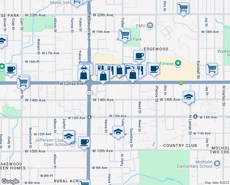 map of restaurants, bars, coffee shops, grocery stores, and more near 7200 West Colfax Avenue in Lakewood