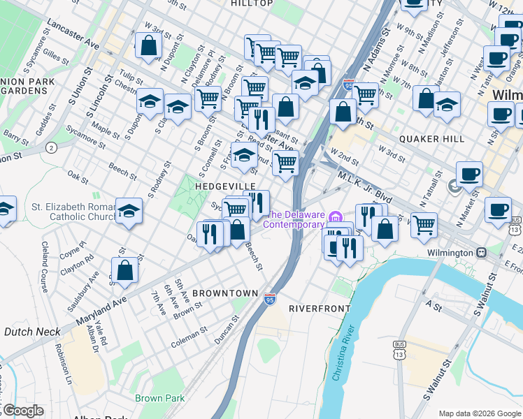 map of restaurants, bars, coffee shops, grocery stores, and more near 407 South Jackson Street in Wilmington