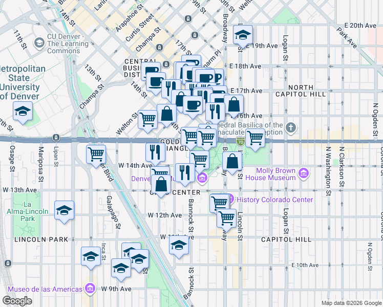map of restaurants, bars, coffee shops, grocery stores, and more near in Denver